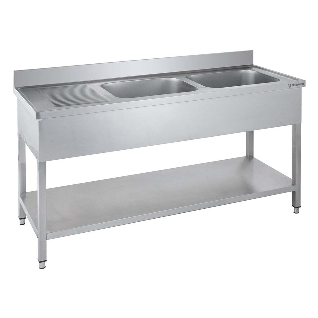 Spültisch Basic 16x6 mit 2 Becken rechts, Aufkantung und Grundboden