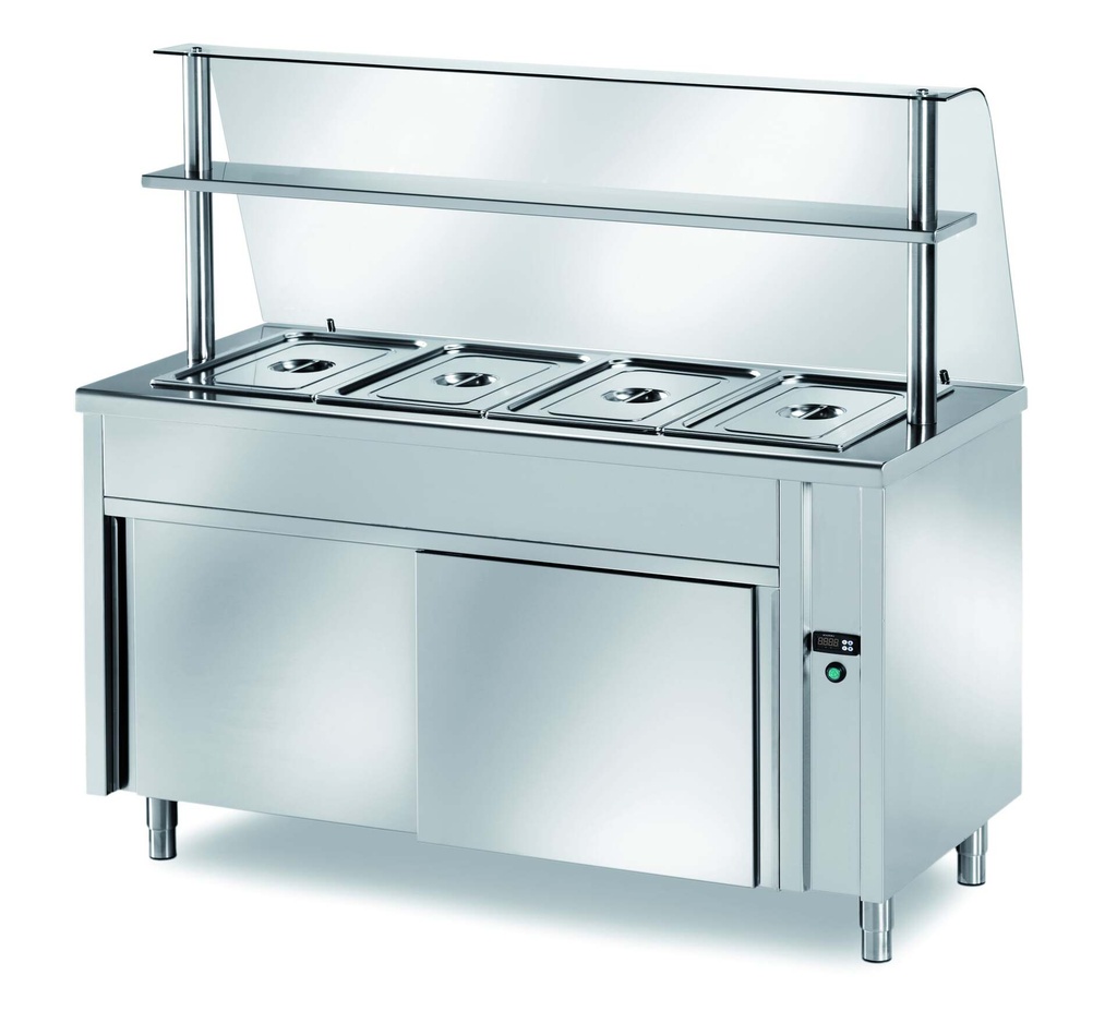 [VNB//15] Ausgabe Warmhaltetisch PROFI neutral mit Schiebetüren und Glasaufsatz 1500x700x1400 - 4x GN 1/1