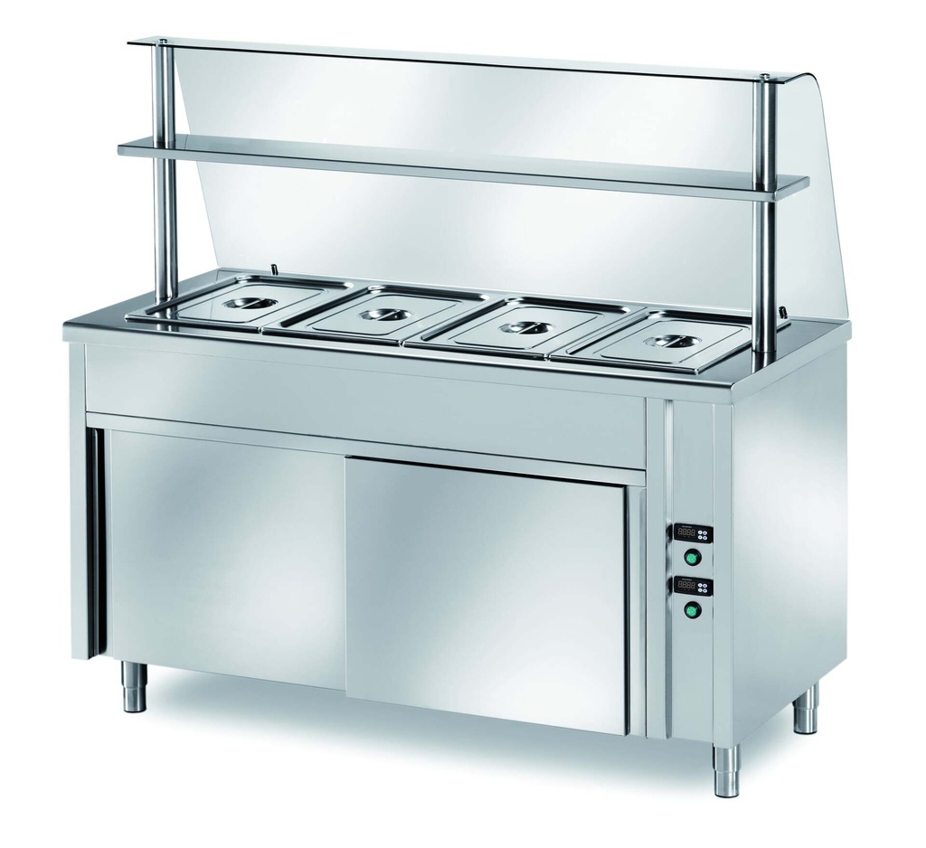 [SFC/15] Ausgabe Warmhaltetisch PROFI belüftet mit Schiebetüren und Glasaufsatz 1500x700x1400 - 4x GN 1/1