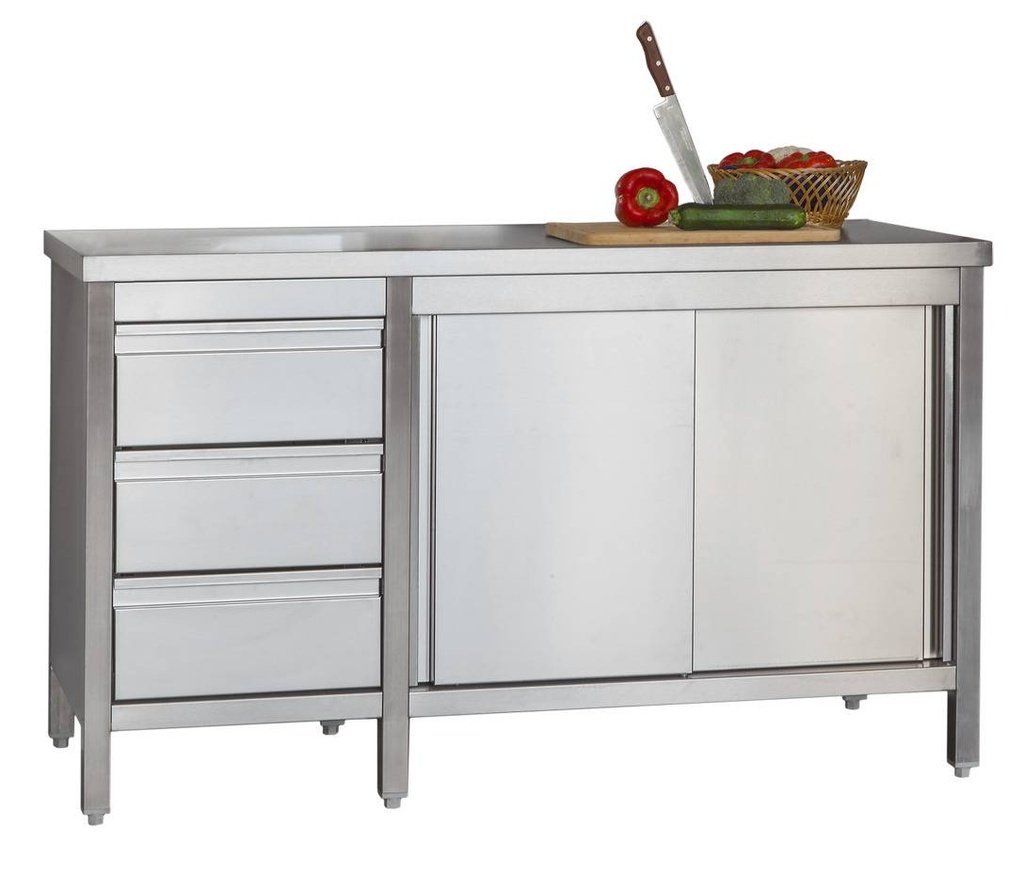[ASBL206] Edelstahl Arbeitsschrank Profi mit Schiebetüren und 3 Schubladen 2000 x 600 x 850 mm