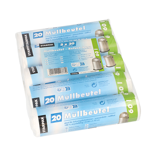 [12333] 5 x 100 Müllbeutel, HDPE 60 l 72 cm x 60 cm weiss
