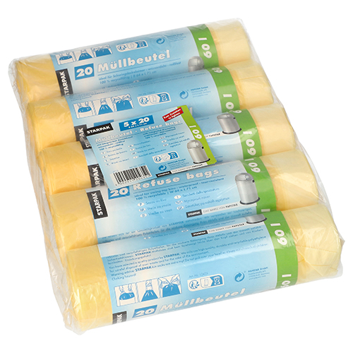 5 x 100 Müllsäcke mit Zugband, HDPE 60 l 71 cm x 64 cm gelb