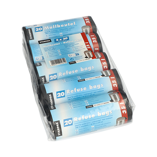 [12461] 5 x 100 Müllbeutel, HDPE 35 l 69 cm x 55 cm schwarz