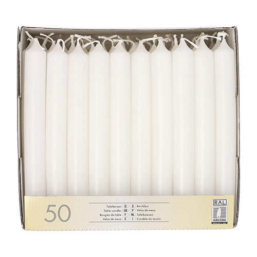 [13800] 4 x 50 Tafelkerzen Ø 2,1 cm · 19,6 cm weiss