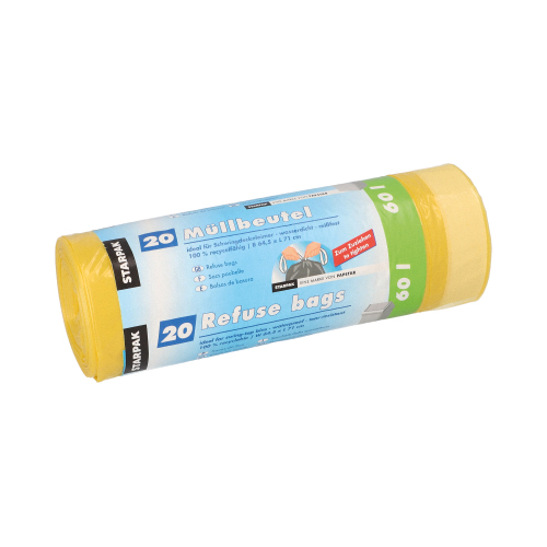 [14197] 9 x 20 Müllbeutel mit Zugband, LDPE 60 l 71 cm x 64,5 cm gelb