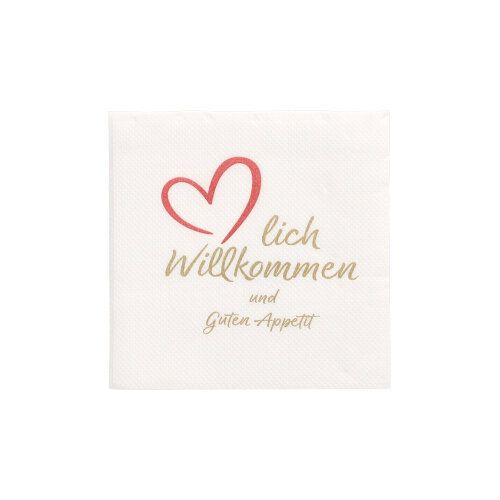 16 x 125 Servietten, 2-lagig "PUNTO" 1/4-Falz 20 cm x 20 cm weiss "Herzlich Willkommen & Guten Appetit"
