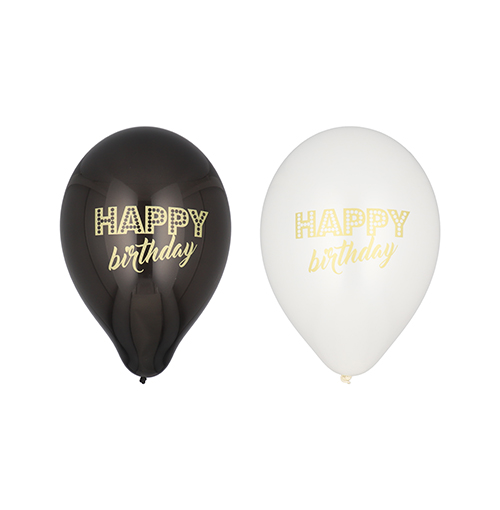 12 x 6 Luftballons Ø 25 cm schwarz/weiss "Happy Birthday"