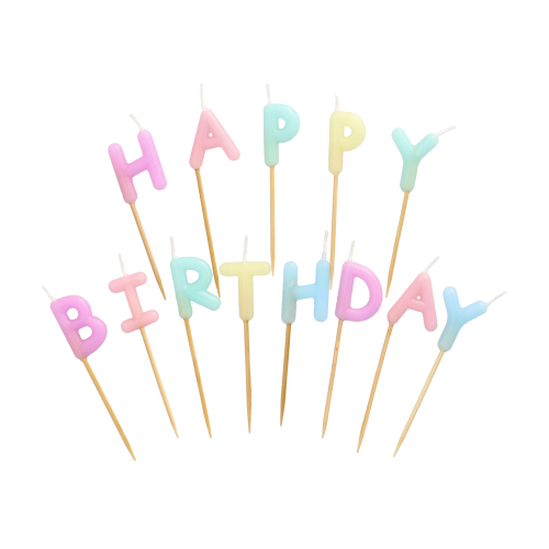 [37137] 12 x Buchstabenkerzen-Set pastell 8 cm "Happy Birthday"