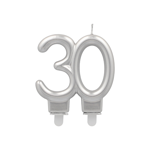 [37143] 12 x Jubiläumskerzen mit Halter 7 cm silber "30"