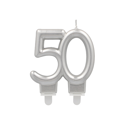 12 x Jubiläumskerzen mit Halter 7 cm silber "50"