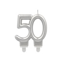 12 x Jubiläumskerzen mit Halter 7 cm silber "50"