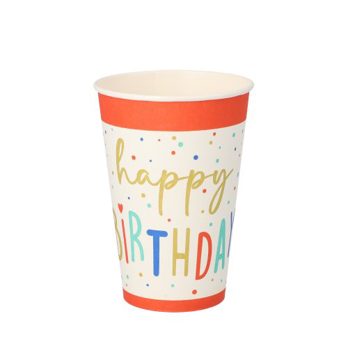 14 x 10 Trinkbecher, Pappe 0,2 l Ø 7 cm · 9,7 cm weiss "Happy Birthday"