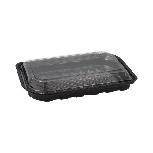 [37252] 14 x 50 Sushi-Schalen R-PET rechteckig 21 cm x 13 cm x 4,3 cm schwarz mit transparentem Deckel