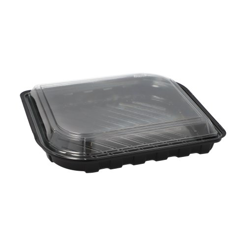 12 x 50 Sushi-Schalen R-PET rechteckig 21 cm x 18 cm x 4,3 cm schwarz mit transparentem Deckel
