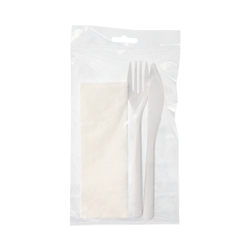 10 x 50 Mehrweg-Bestecksets PP-MF 22 cm weiss : Messer, Gabel, Serviette in Folienbeutel