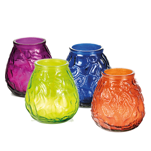 [81419] 12 x Windlichtglas farbig mit Wachsfüllung Ø 97 mm · 105 mm farbig sortiert