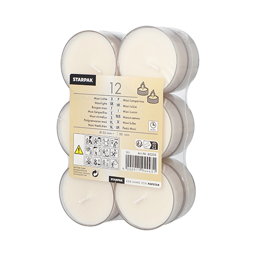 12 x 12 Maxi Lichte Ø 57 mm · 21 mm weiss · Brenndauer ca. 8 h, in Polycarbonathülle