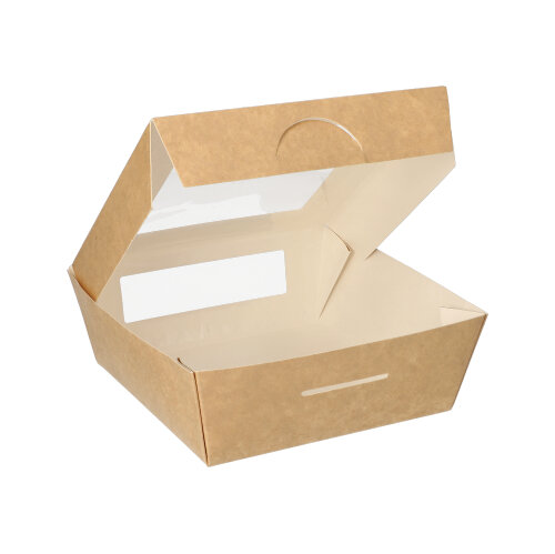 [86573] 4 x 25 Feinkostboxen, Pappe mit Sichtfenster aus PLA eckig 750 ml 14 cm x 14 cm x 5 cm braun