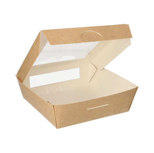 [86574] 4 x 25 Feinkostboxen, Pappe mit Sichtfenster aus PLA eckig 1000 ml 16 cm x 16 cm x 5 cm braun