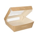 4 x 25 Feinkostboxen, Pappe mit Sichtfenster aus PLA eckig 1000 ml 16 cm x 16 cm x 5 cm braun