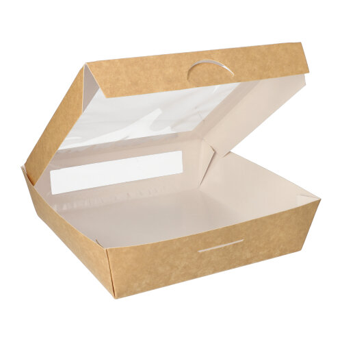 [86575] 4 x 25 Feinkostboxen, Pappe mit Sichtfenster aus PLA eckig 1500 ml 19 cm x 19 cm x 5 cm braun