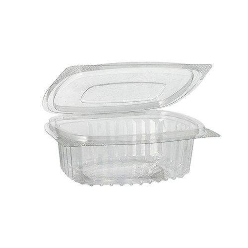 12 x 50 Feinkost- und Salatschalen mit Klappdeckel, R-PET oval 250 ml 4,3 cm x 10,6 cm x 13,3 cm klar