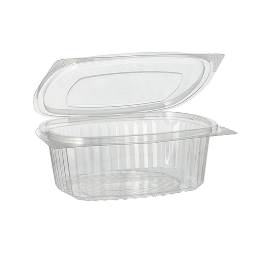 9 x 50 Feinkost- und Salatschalen mit Klappdeckel, R-PET oval 500 ml 5,5 cm x 12,4 cm x 15 cm klar