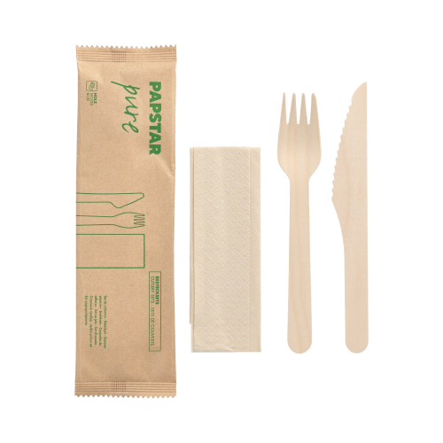 10 x 50 Besteckset, Holz "pure" : Messer, Gabel, Serviette in Papierbeutel