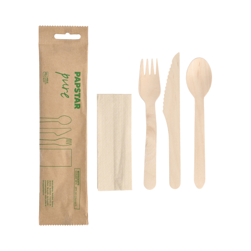 [88243] 30 x Besteckset, Holz "pure" : Messer, Gabel, Löffel, Serviette in Papierbeutel