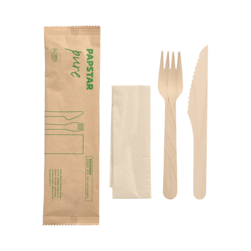 [88270] 50 x Besteckset, Holz "pure" : Messer, Gabel, Serviette in Papierbeutel