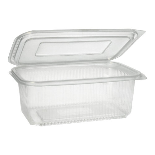 [88948] 12 x 50 Verpackungsbecher mit Klappdeckeln, PP rechteckig 1000 ml 7,4 cm x 13,1 cm x 19,1 cm transparent