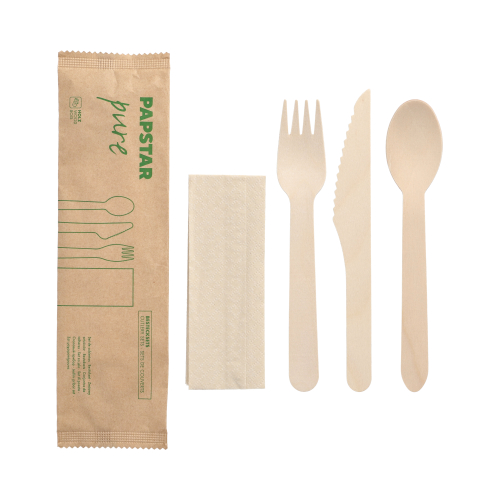 10 x 50 Bestecksets, Holz "pure" : Messer, Gabel, Löffel, Serviette in Papierbeutel