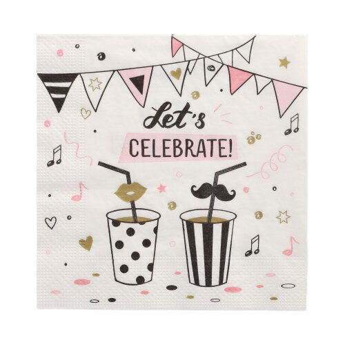 [89219] 15 x 20 Servietten, 3-lagig 1/4-Falz 33 cm x 33 cm "Let's Celebrate"