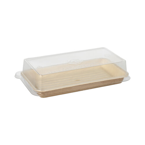 5 x 10 Sushi-Schalen Palmblatt eckig 100 ml 4,3 cm x 18,4 cm x 10,4 cm natur mit rPET Deckel "Kombipack"