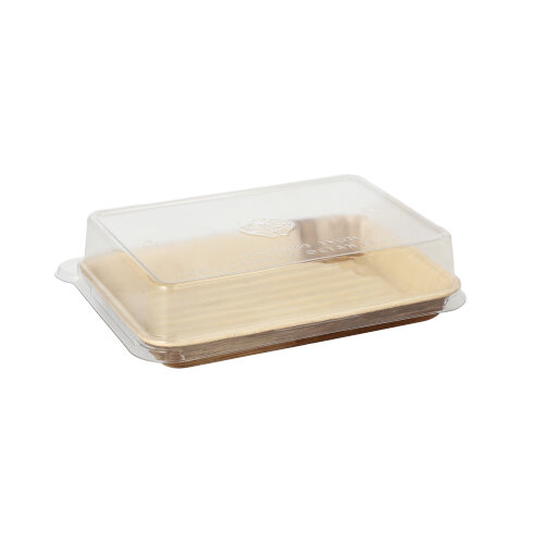 [89260] 5 x 10 Sushi-Schalen Palmblatt eckig 150 ml 4,4 cm x 17,5 cm x 12,2 cm natur mit rPET Deckel "Kombipack"