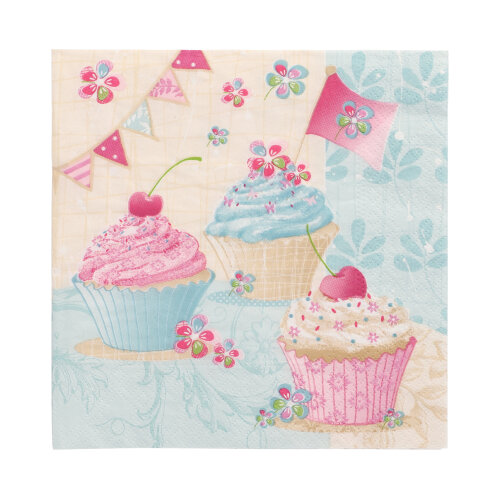 10 x 20 Servietten, 3-lagig 1/4-Falz 33 cm x 33 cm "Birthday Cup Cakes"