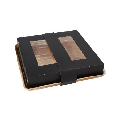 [89494] 4 x 25 Tabletts, Palmblatt eckig 5 cm x 25,5 cm x 25,5 cm mit separatem Deckel und Banderole