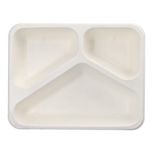 6 x 50 Siegelschalen Zuckerrohr, PLA beschichtet 3-geteilt 1000 ml 4,9 cm x 22,7 cm x 17,8 cm