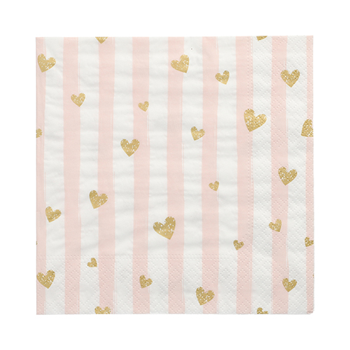 12 x 30 Servietten, 3-lagig 1/4-Falz 33 cm x 33 cm pink "Golden Hearts"