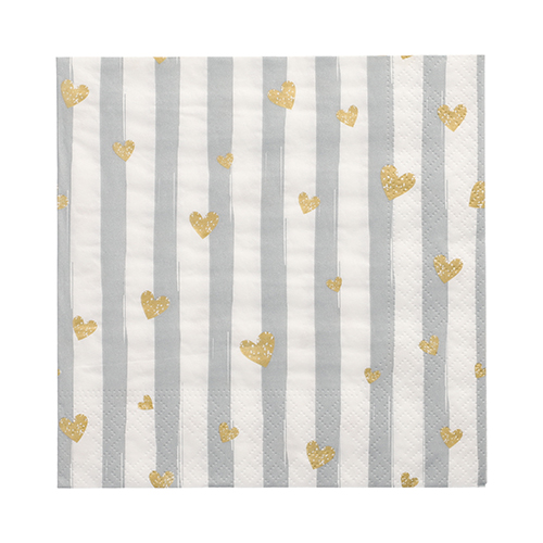 12 x 30 Servietten, 3-lagig 1/4-Falz 33 cm x 33 cm grau "Golden Hearts"