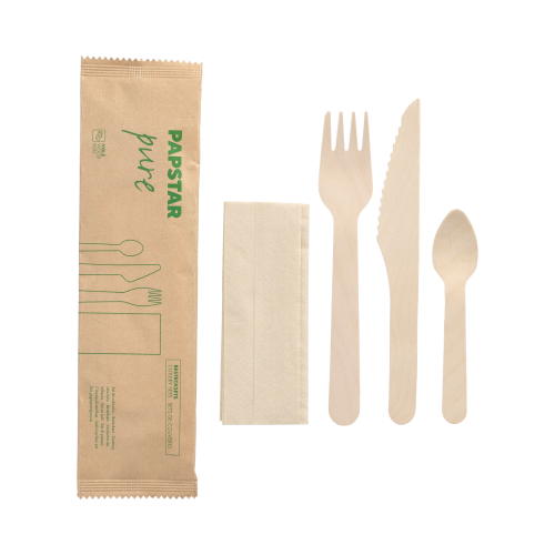 10 x 50 Bestecksets Holz "pure" : Messer, Gabel, Kaffeelöffel, Serviette in Papierbeutel