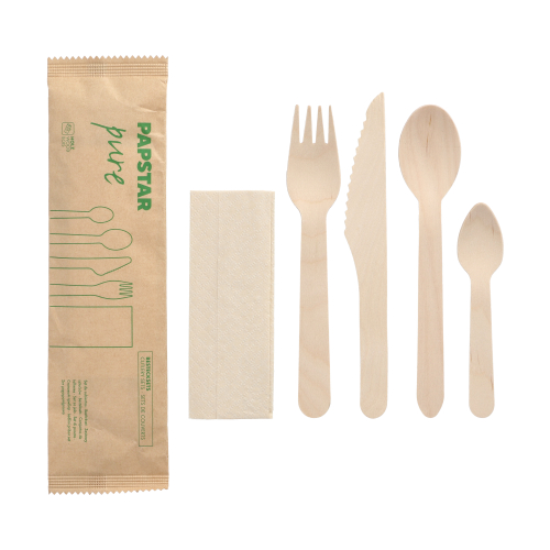 [89924] 10 x 50 Bestecksets Holz "pure" : Messer, Gabel, Löffel, Kaffeelöffel, Serviette in Papierbeutel