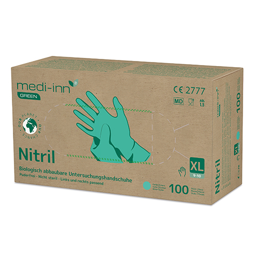 [92740] 10 x 100 "Medi-Inn GREEN" Handschuhe, Nitril puderfrei grün Größe: XL biologisch abbaubar