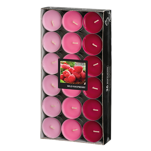 [96975] 8 x 36 "GALA" Duftlichte Ø 38 mm · 17 mm weinrot - Wild Raspberry "Ton in Ton"