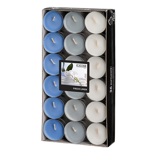 [96977] 8 x 36 "GALA" Duftlichte Ø 38 mm · 17 mm weiss - Fresh Linen "Ton in Ton"