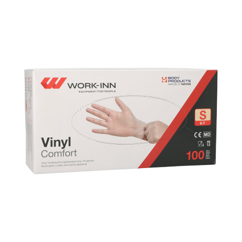 10 x 100 "WORK-INN/PS" Handschuhe, Vinyl puderfrei "Comfort" transparent Größe: S