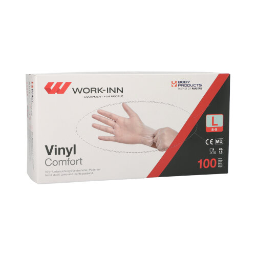 [98406] 10 x 100 "WORK-INN/PS" Handschuhe, Vinyl puderfrei "Comfort" transparent Größe: L