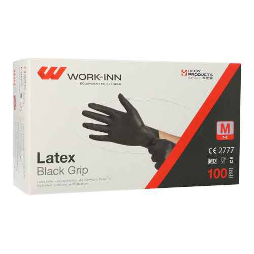 [98425] 10 x 100 "WORK-INN/PS" Handschuhe, Latex puderfrei "Black Grip" schwarz Größe: M