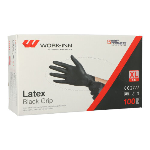 10 x 100 "WORK-INN/PS" Handschuhe, Latex puderfrei "Black Grip" schwarz Größe: XL