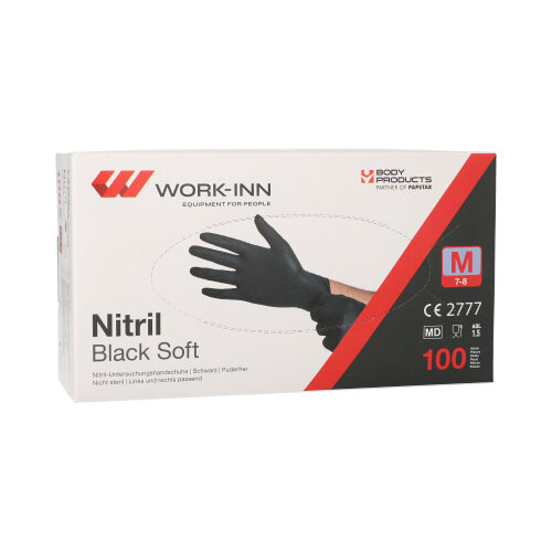 [98437] 10 x 100 "WORK-INN/PS" Handschuhe, Nitril puderfrei "Black Soft" schwarz Größe: M